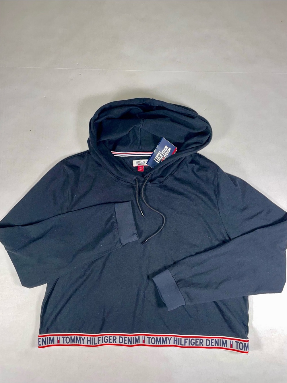 Tommy Hilfiger Navy Blue Cropped Logo Band Hoodie Sweatshirt Women's Size XL
